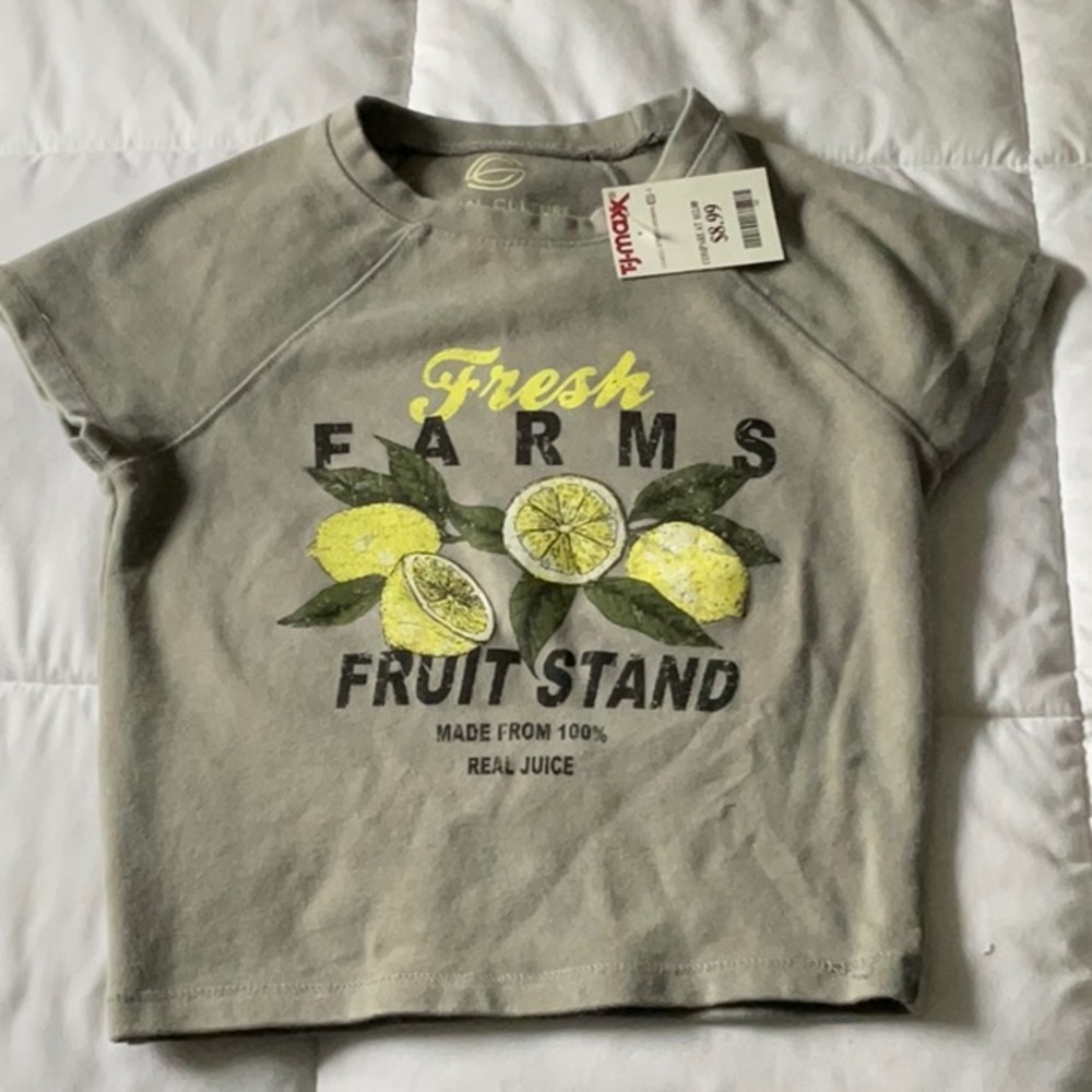 Gray and Yellow Crop Top with Fruit Stand Design